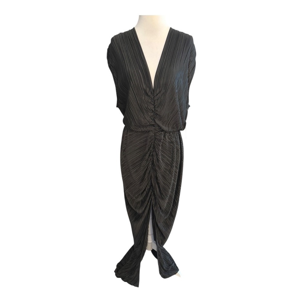 GOOD AMERICAN Black Always Fits Plisse Maxi Dress Pleated Ruched Size 3/4 L/XL - Picture 2 of 9